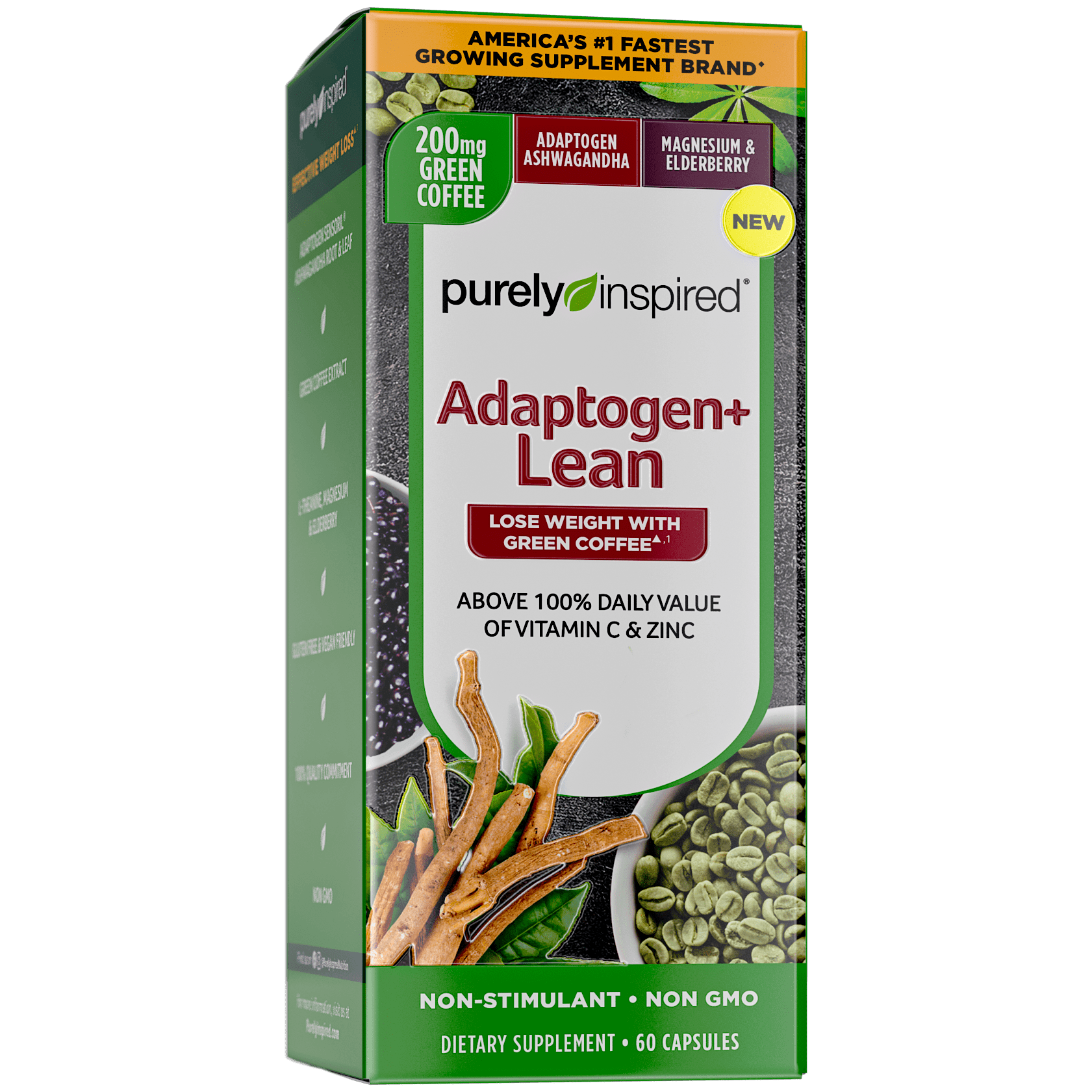 Purely Inspired Adaptogen Plus Lean Green Coffee Weight Loss Supplement Capsules, 60 Ct