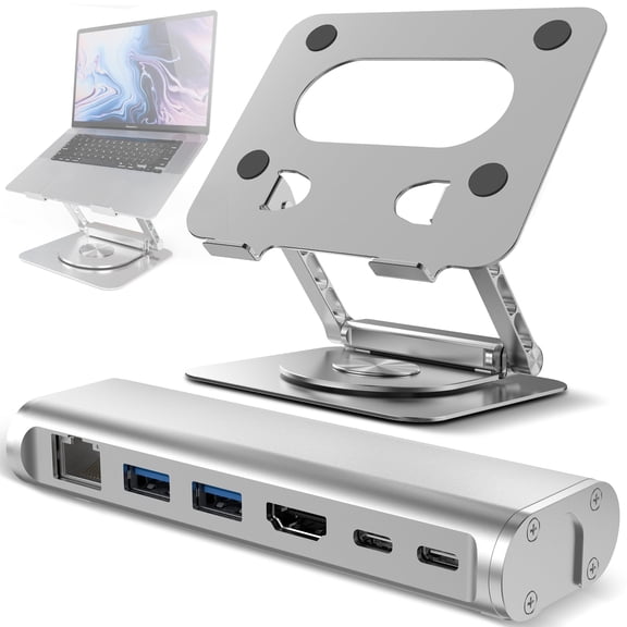 Purely L82 Laptop Docking Station Stand, Portable & Adjustable Laptop Stand for Desk, With 360 Rotation Base, Tablet Stand, 6 in 1 Docking Station, Compatible With Laptop & Tablet (Silver)