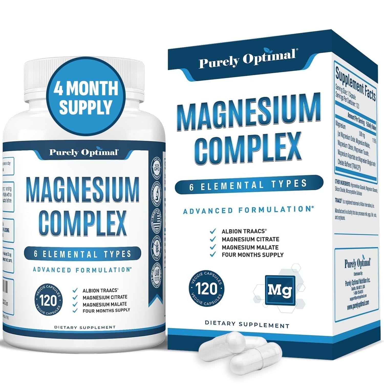 Purely Optimal Magnesium Supplement 500mg High Absorption for Muscle Support, Bone Health, Heart Health, 120 Capsules