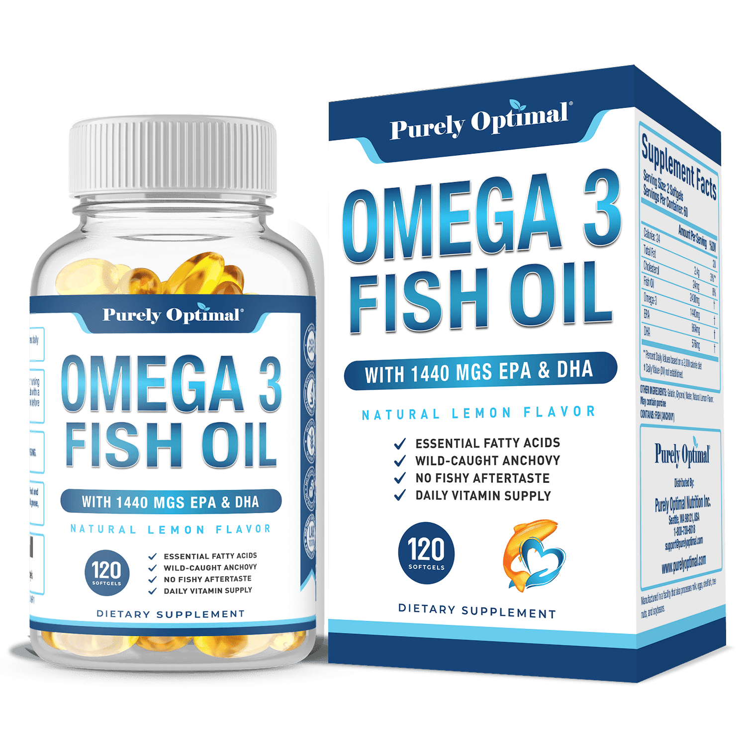 Purely Optimal Omega-3 Fish Oil Supplement 1440mg – Heart, Joint, Cognitive Support – Lemon-Flavored, No Fishy Aftertaste – 120 Softgels