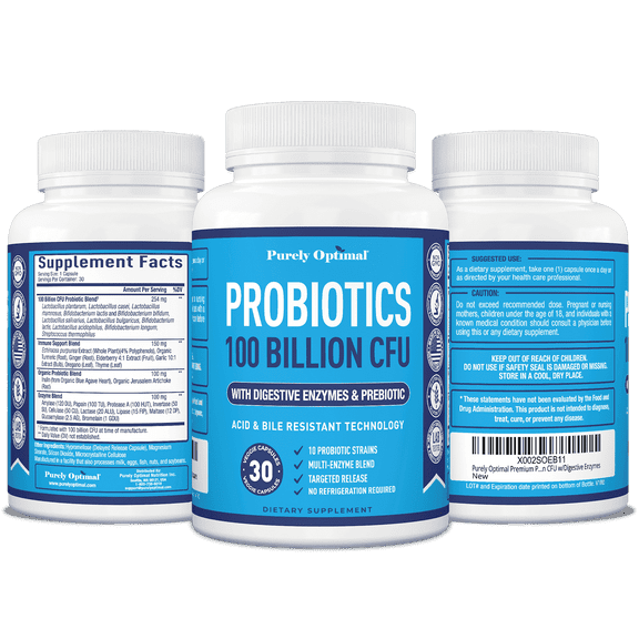 Purely Optimal Premium Probiotics 100 Billion CFU with Organic Prebiotics and Digestive Enzymes 30 Count