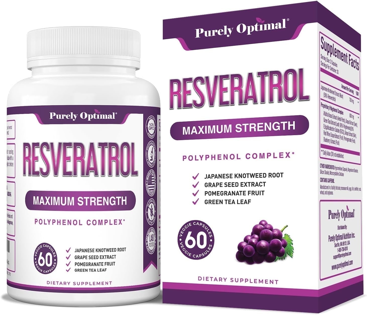 Purely Optimal Resveratrol 1500mg Trans-Resveratrol Polyphenols Cognitive Support, Healthy Aging 60 Veggie Capsules