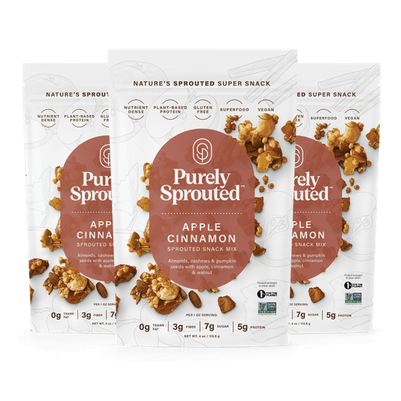 Purely Sprouted Apple Cinnamon Snack Mix - Almonds, Cashew Nuts & Pumpkin Seeds - Non-GMO, Plant-Based Protein, Gluten Free, Vegan (4 oz, 3 Pack)