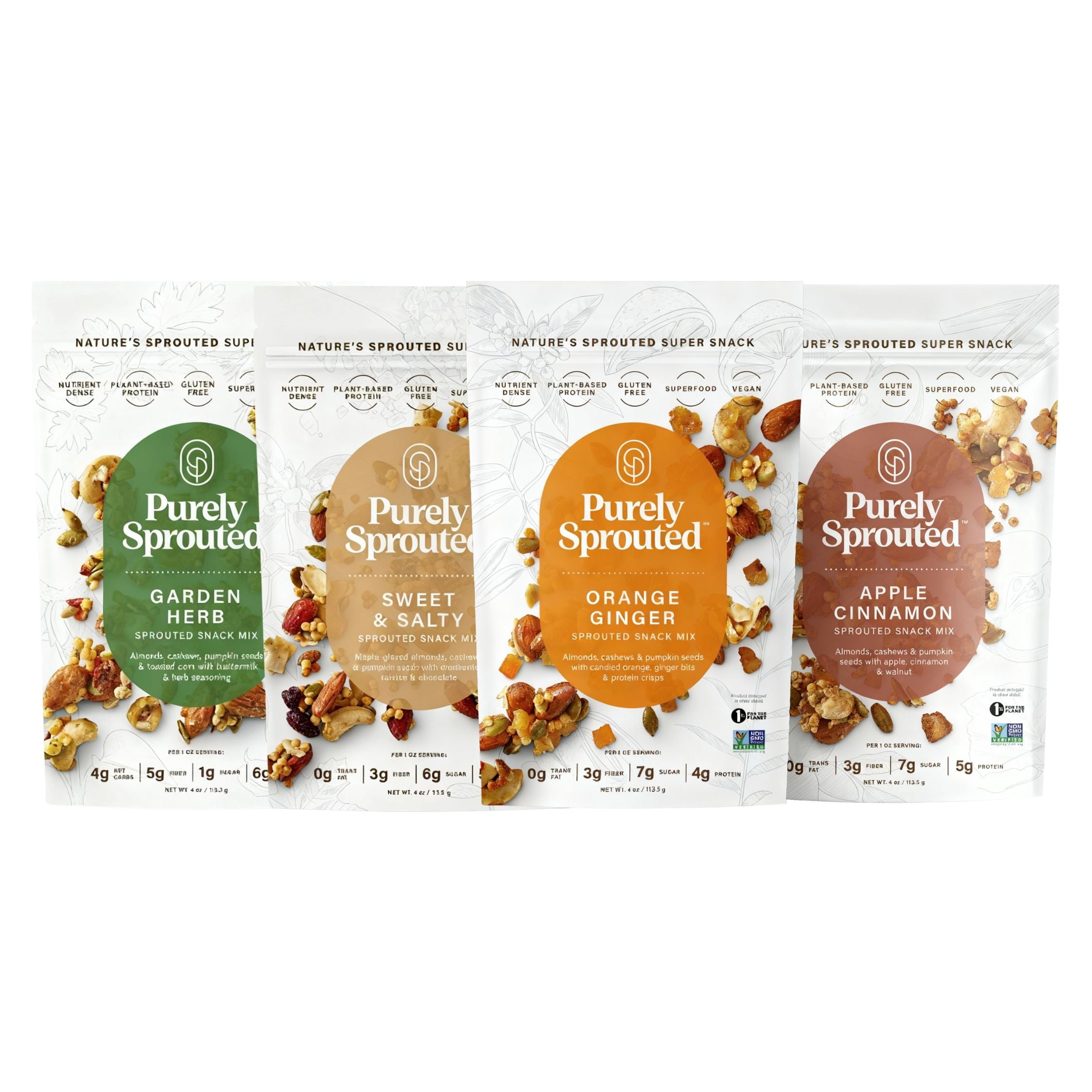 Purely Sprouted Snack Clusters Assortment with Almonds and Cashews, Apple Cinnamon, Sweet & Salty, Garden Herb, Orange Ginger, 4 oz Bags, 4 pack