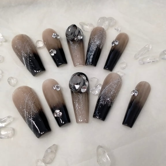 Purely hand-made black diamond nail art cool style detachable bow flash French nail patch