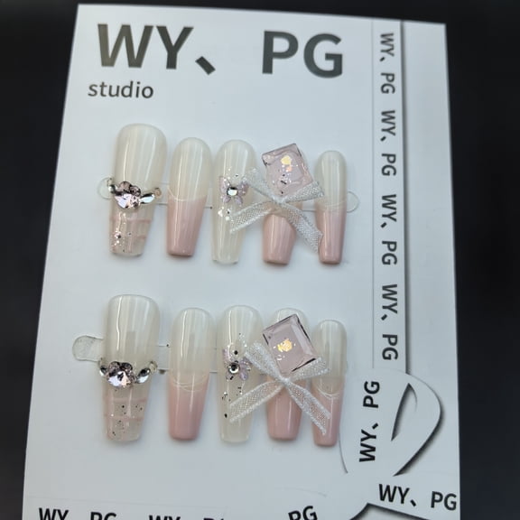 Purely hand-made manicure,light luxury temperament, nude pink tulle bowknot flashing press on nails