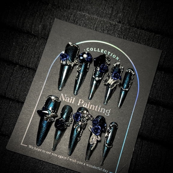 Purely hand-worn nail high-end dark blue smudge long high-end nail art piece Heavy industry flower fake nail patch