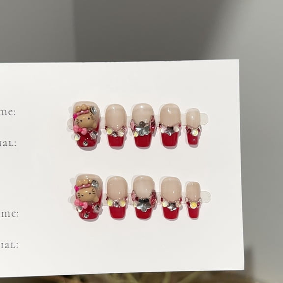 Purely hand-worn nail pads, high-end pieces, red French Spice Girl KT short nail pads, cute fake nail patches