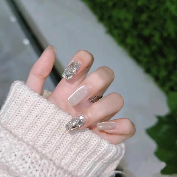 Purely hand-worn nail pads, high-end summer silver cat's eye full of diamonds, removable nail patch, fake nail strap drill