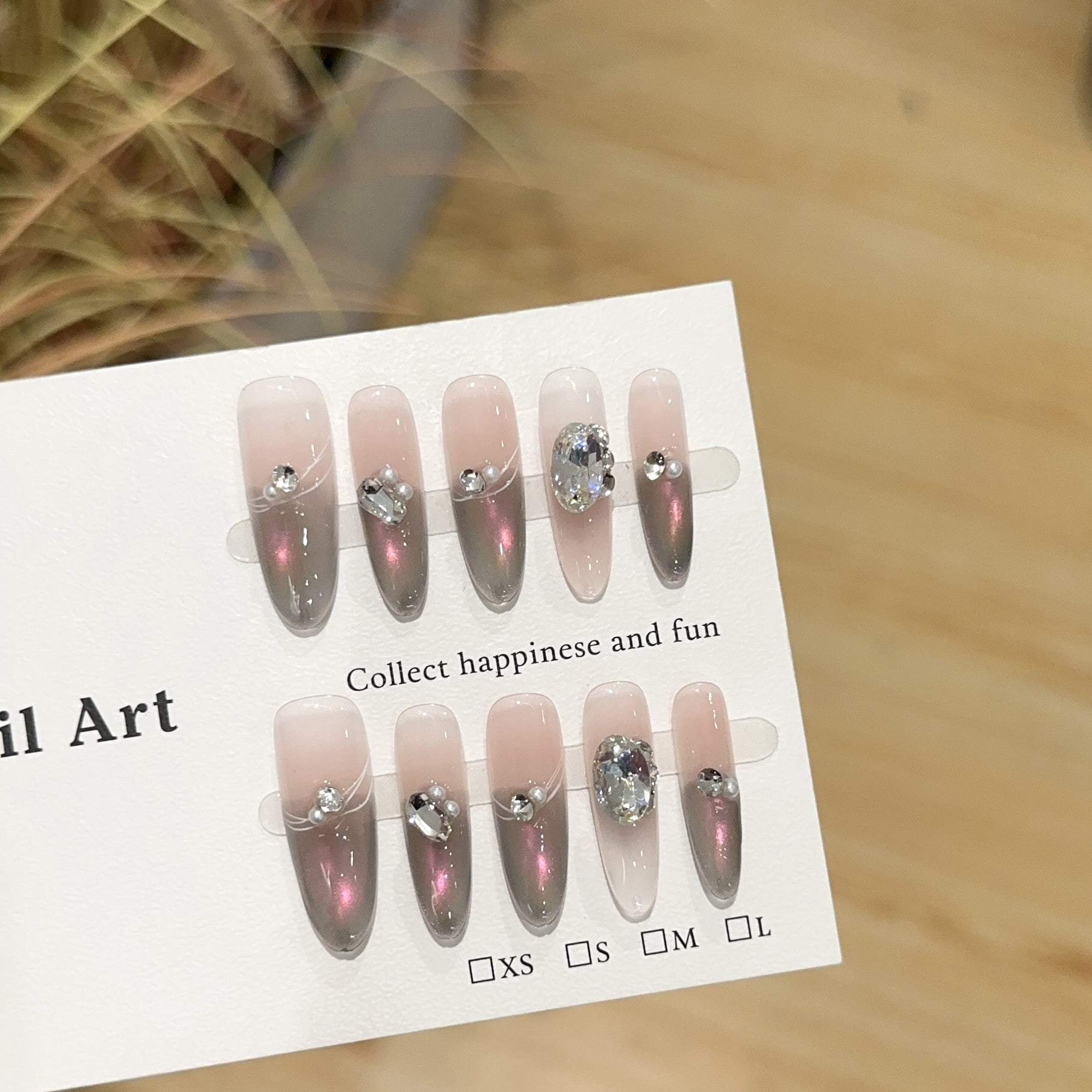 Purely handmade nail, advanced sense nebula gray pink cat eye nail art piece, long light luxury stack diamond fake nail patch