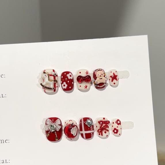 Purely handmade nail high-end New Year's red pony short nail art piece cute Doudou nail fake nail patch