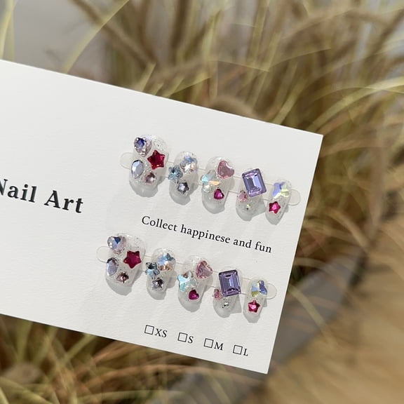 Purely handmade nail, high-end candy, colored diamonds, silver sequins, short nail art, flash fake nail patch.