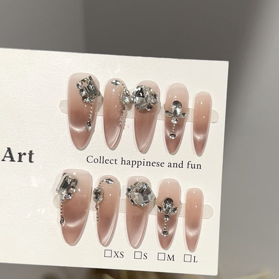 Purely handmade nail pads, high-end pink cat's eye nail pads, light luxury and gentle stacks of diamonds and flash fake nail patches
