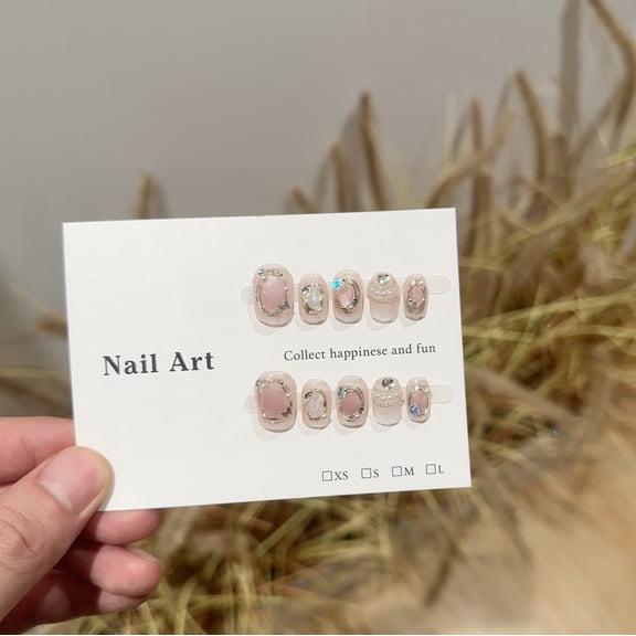 Purely handmade nail pads, high-end spring and summer pink cat's eye manicure, short white Buccellati fake nails
