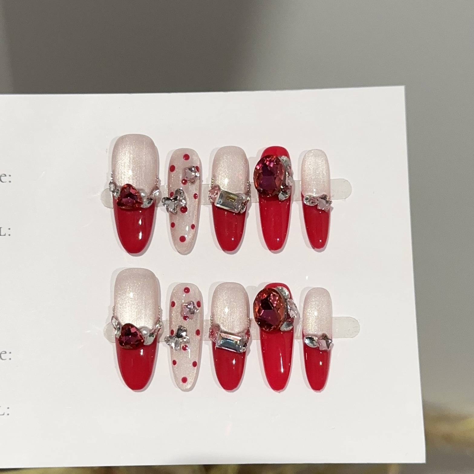 Purely handmade nail-wearing high-end autumn and winter rose-red long nail art pieces, European and American piles of diamonds and flash fake nail patches