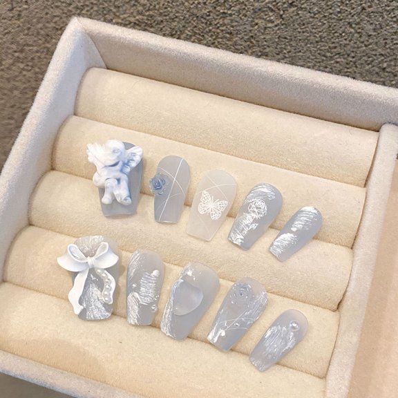 [Purely handmade real shot] Cold Yunchuan Haze Blue Gypsum Angel Rose Handmade Wear Nail Fake Nail Art
