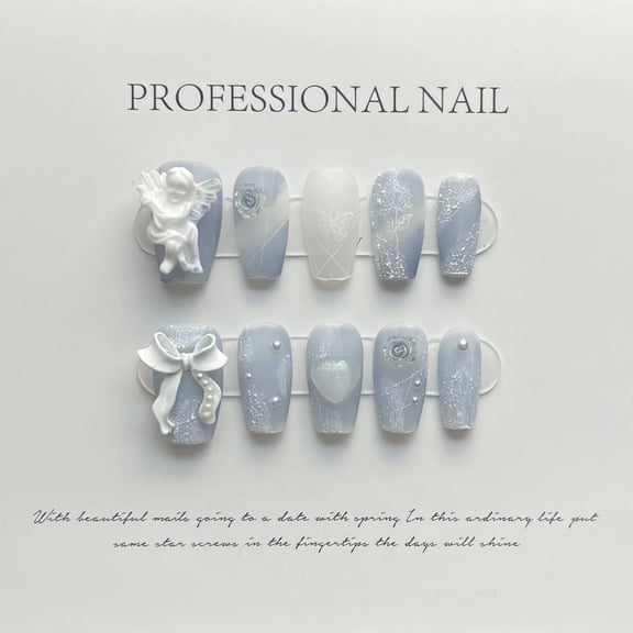 [Purely handmade real shot] Cold Yunchuan Haze Blue Gypsum Angel Rose Handmade Wear Nail Fake Nail Art