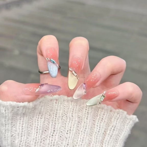 Purely handmade wear nail explosive milk huhu flash diamond rainbow cat eye smudge fresh white Xiaohongshu long manicure