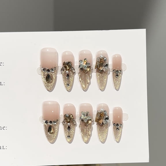Purely handmade wear nail pads, high-end golden cat's eye long nail pads, light luxury fish tail stacks, diamonds, fake nail patches