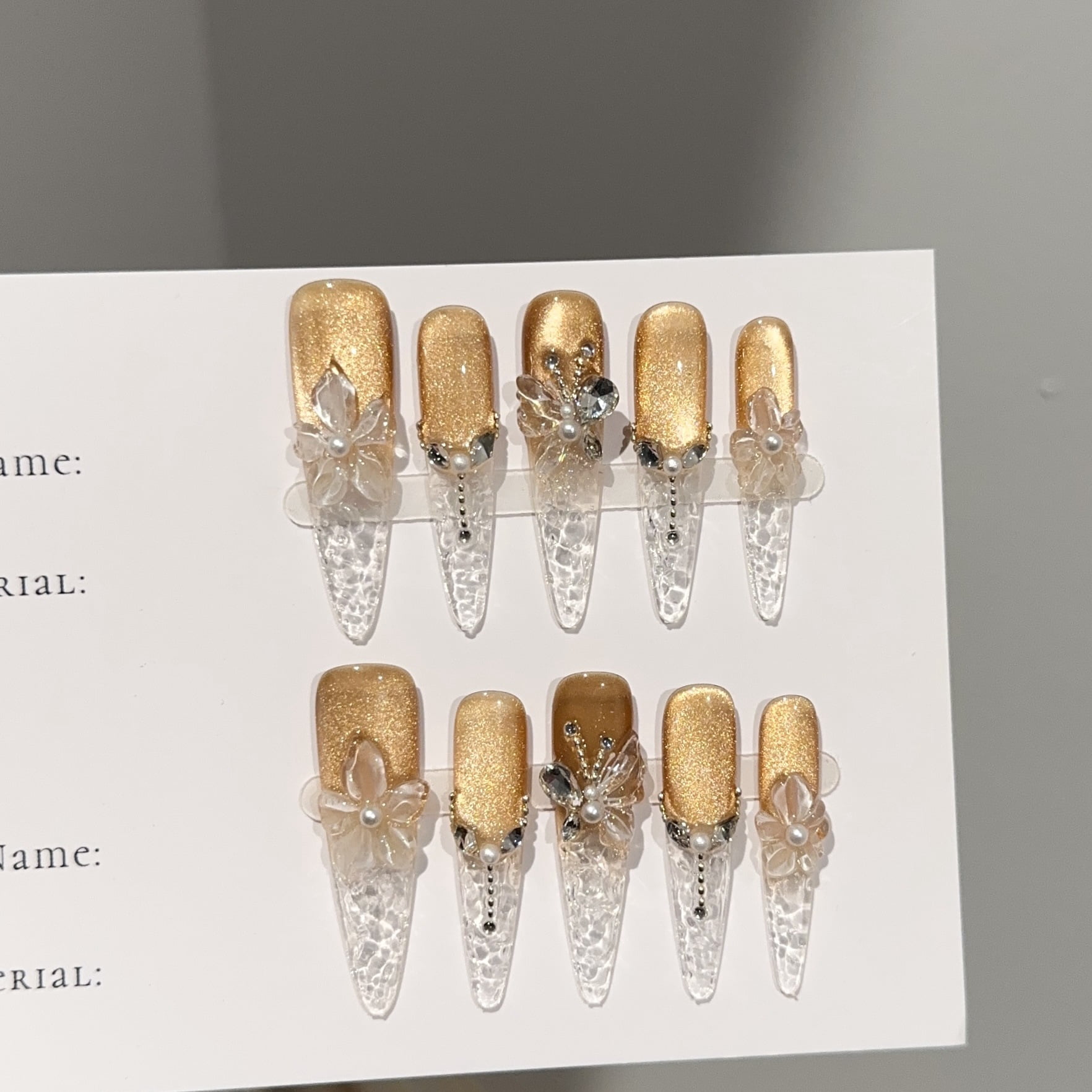 Purely handmade wearing nail, advanced autumn and winter golden cat eye long nail art piece, carved three-dimensional butterfly fake nail patch