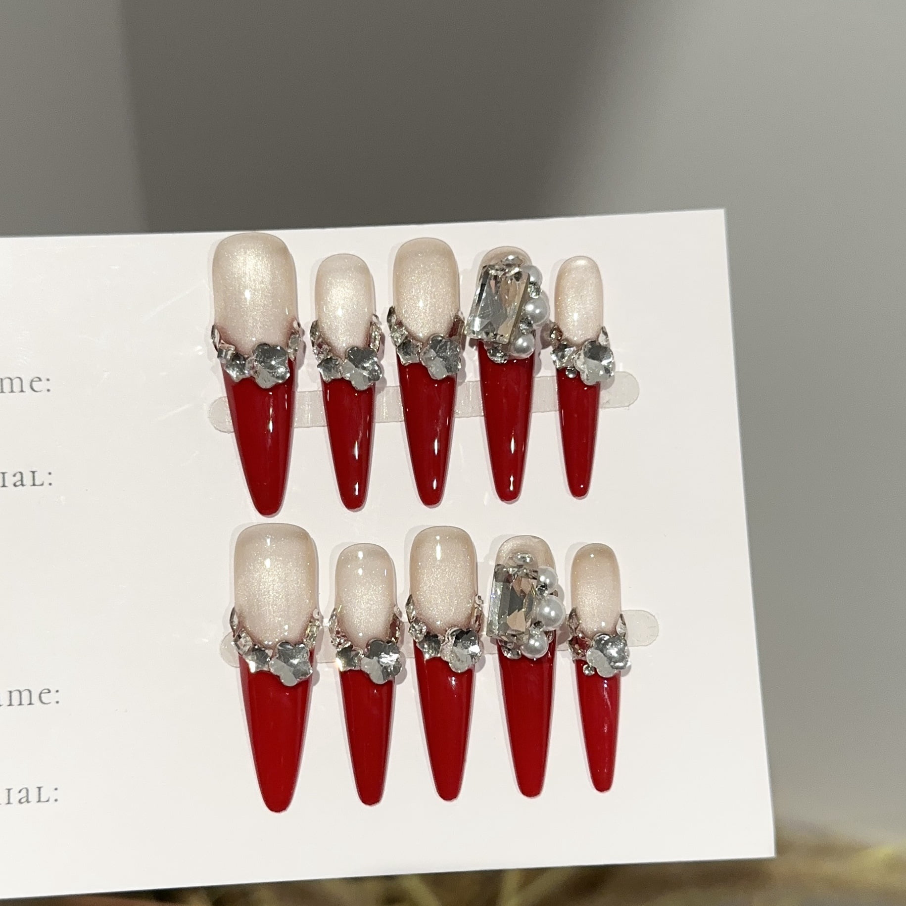 Purely handmade wearing nail advanced sense autumn and winter red New Year's long nail art piece diamond flash fake nail patch