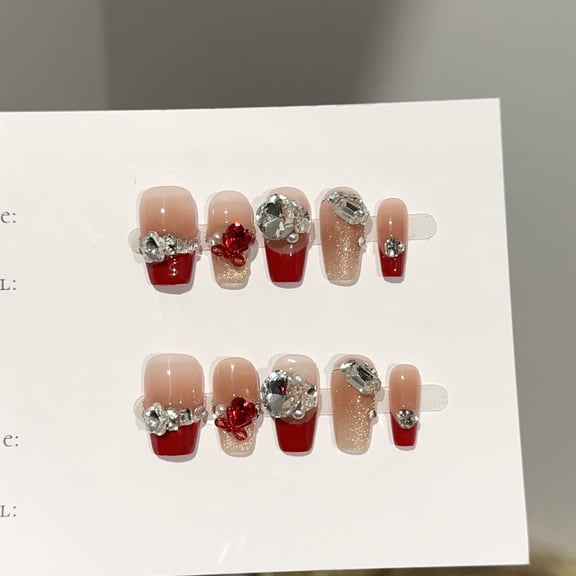 Purely handmade wearing nail advanced sense autumn and winter red short New Year's manicure film stack diamond flash fake nail patch