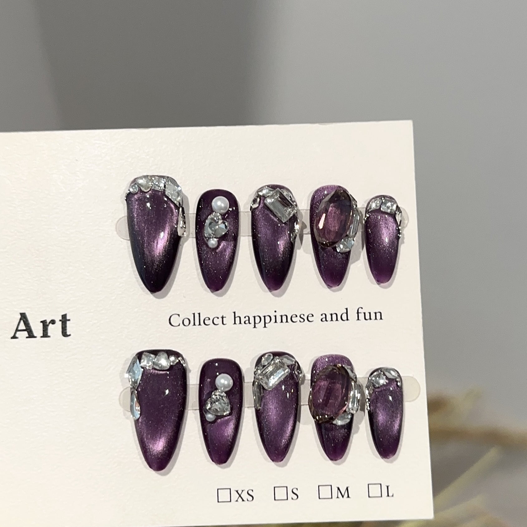 Purely handmade wearing nail advanced sense black purple cat eye almond nail art piece light luxury pile diamond flash fake nail patch