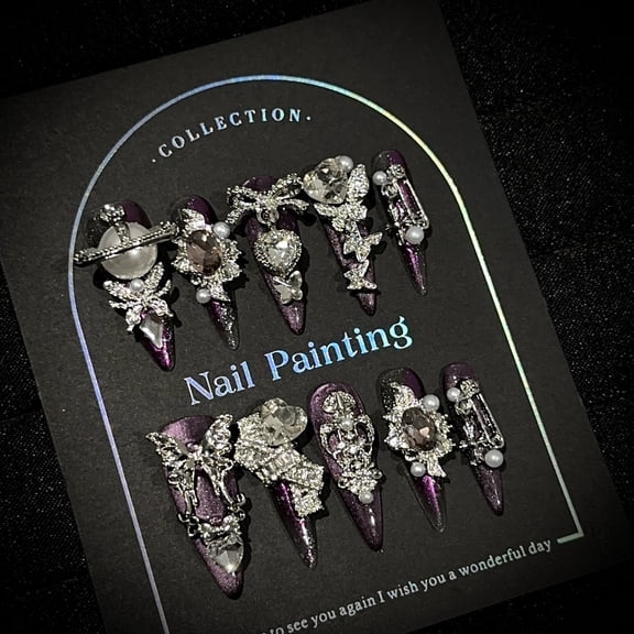 Purely handmade wearing nail advanced sense, dark cat eye long pointed nail art piece, European and American heavy industry goth fake nail patch