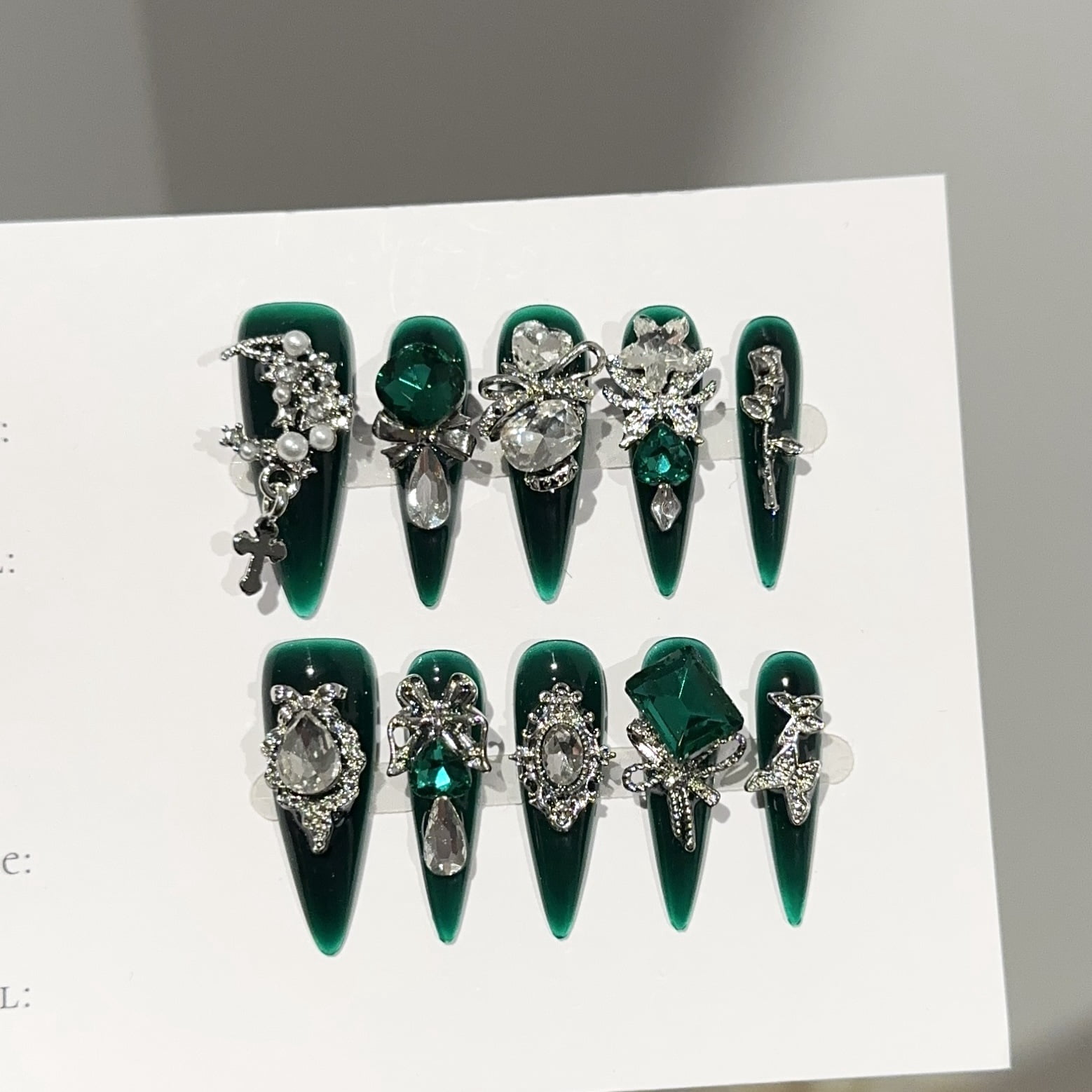 Purely handmade wearing nail advanced sense dark green long pointed nail art piece temperament European and American heavy industry fake nail patch wholesale