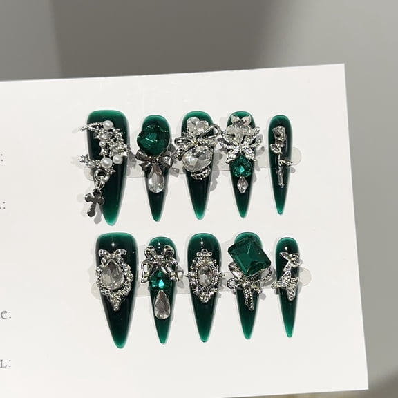 Purely handmade wearing nail advanced sense dark green long pointed nail art piece temperament European and American heavy industry fake nail patch wholesale