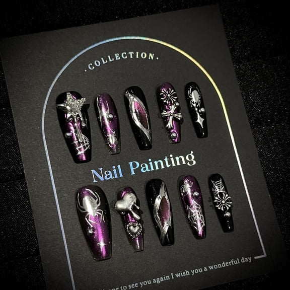 Purely handmade wearing nail advanced sense dark purple cat eye nail art film European and American punk heavy industry fake nail patch