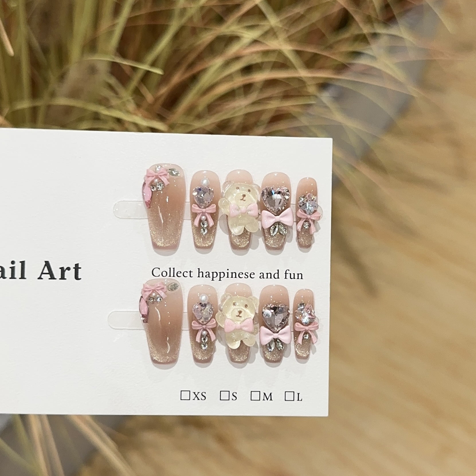 Purely handmade wearing nail advanced sense gold cat's eye nail art piece pink blush nail bear love fake nail patch