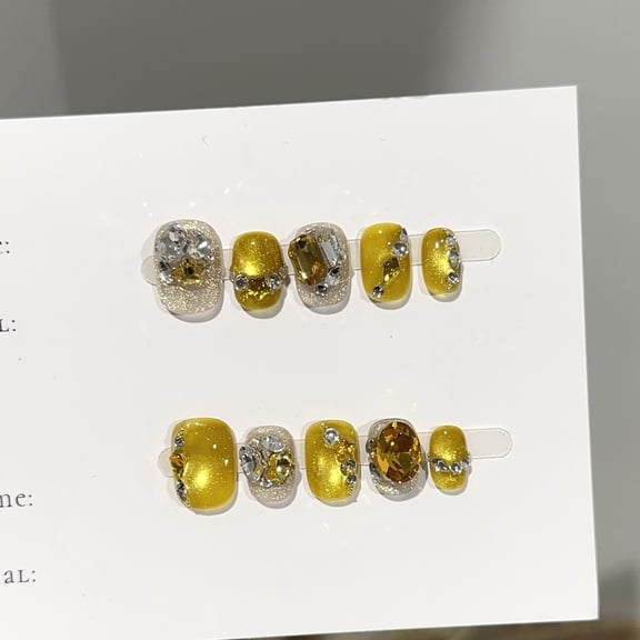 Purely handmade wearing nail advanced sense golden cat eye short nail art film stack diamond explosion flash removable fake nail patch