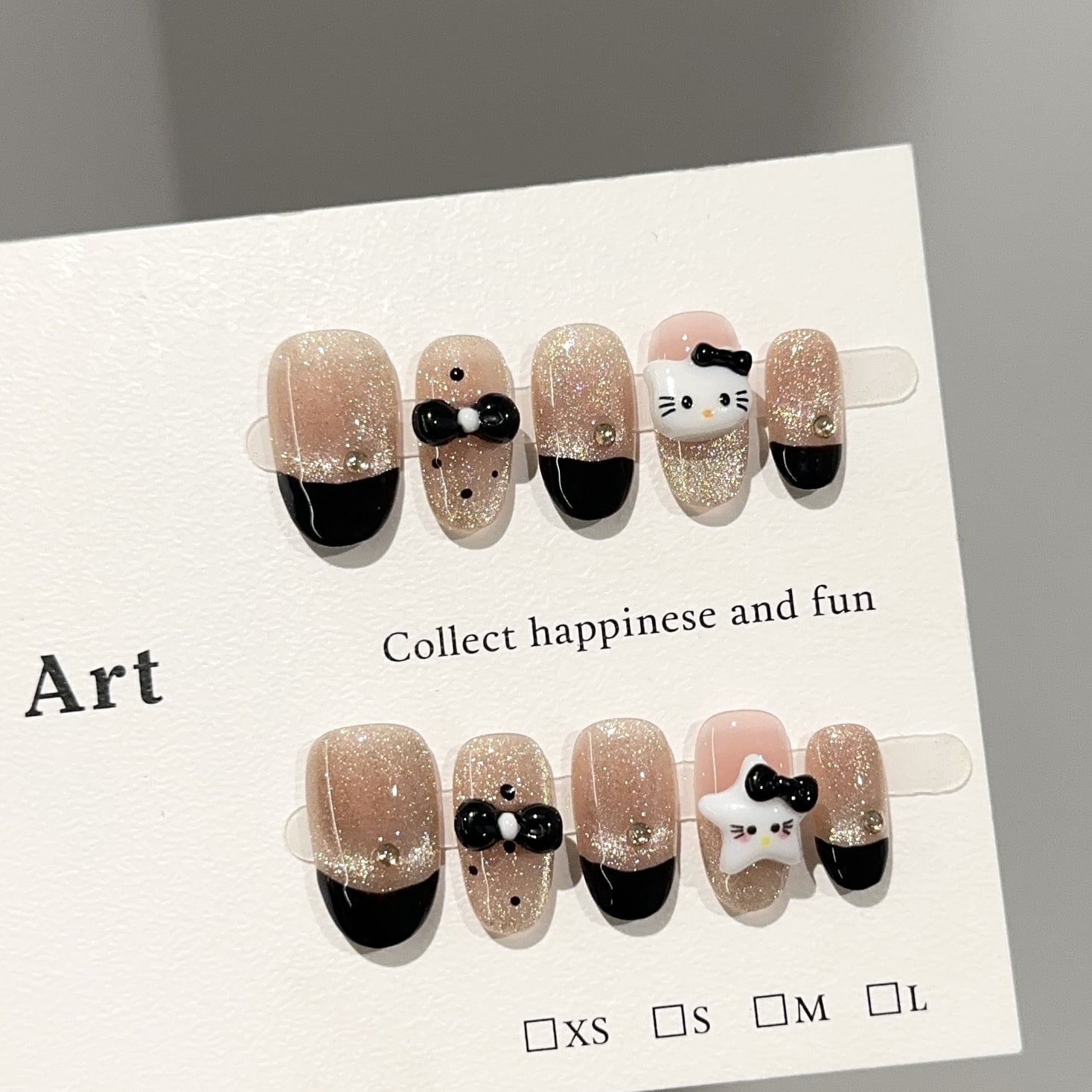 Purely handmade wearing nail advanced sense golden cat eye short nail art piece black bow KT cat fake nail patch