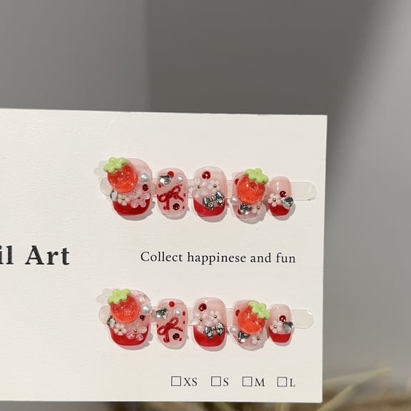 Purely handmade wearing nail advanced sense red strawberry short nail art piece sweet and cute removable fake nail patch