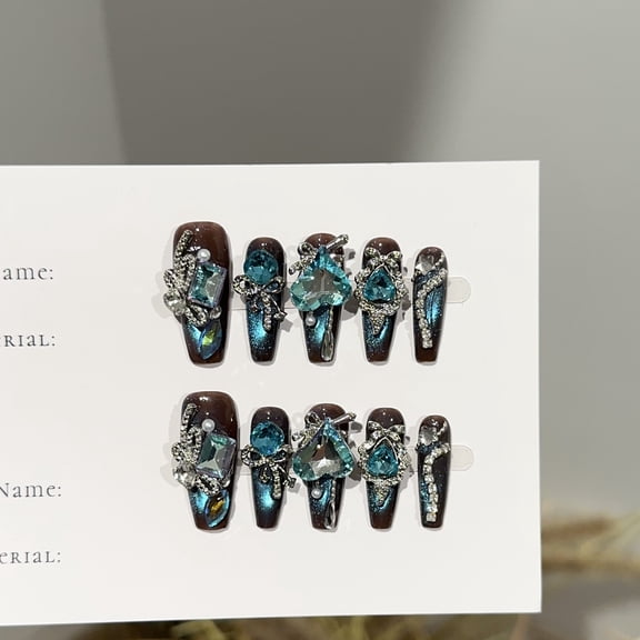 Purely handmade wearing nail high-end blue cat eye high-end nail art film, European and American heavy industry full diamond flash fake nail patch