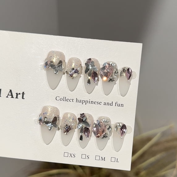 Purely handmade wearing nail, high-end feeling full of diamonds and flash, high-end nail art tablets, gentle powder, luxury stacking diamond fake nail patches