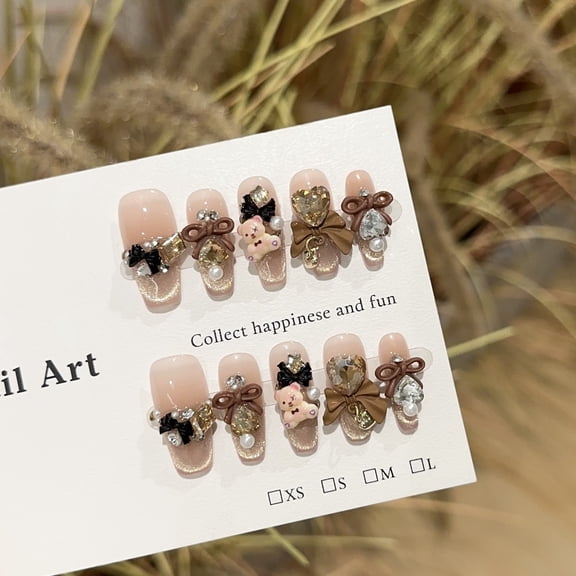 Purely handmade wearing nail high-end pink brown bear nail art piece white bow champagne fake nail patch
