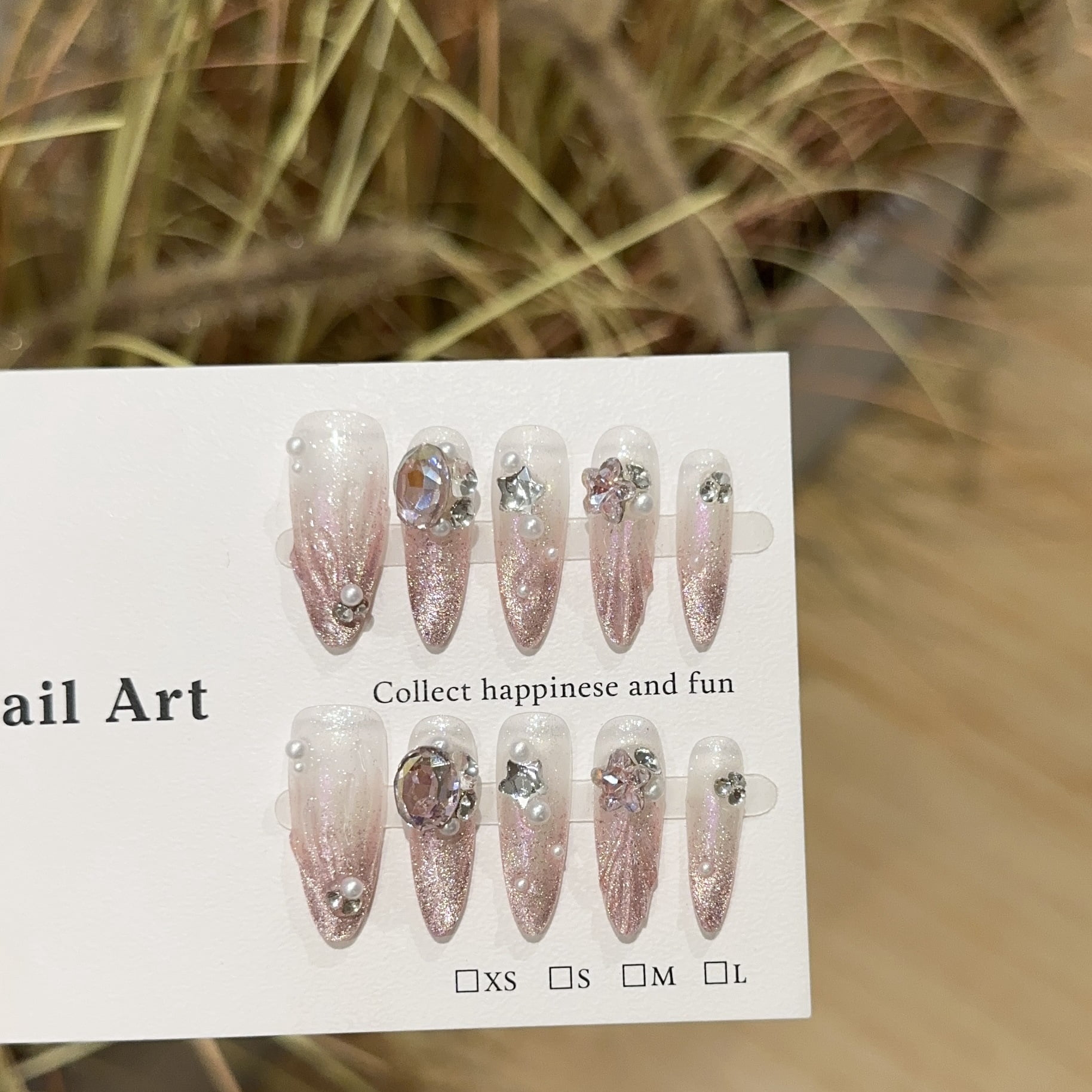 Purely handmade wearing nail high-end pink cat eye fishtail long nail art piece white light luxury fake nail patch
