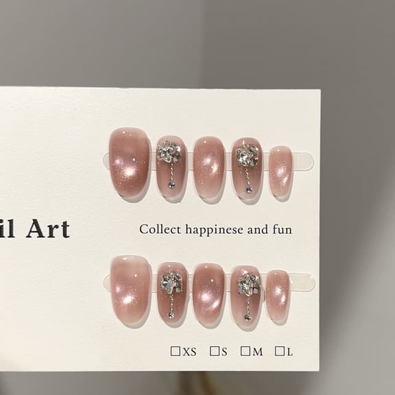 Purely handmade wearing nail high-end pink cat eye short nail art film light luxury stack diamond removable fake nail patch