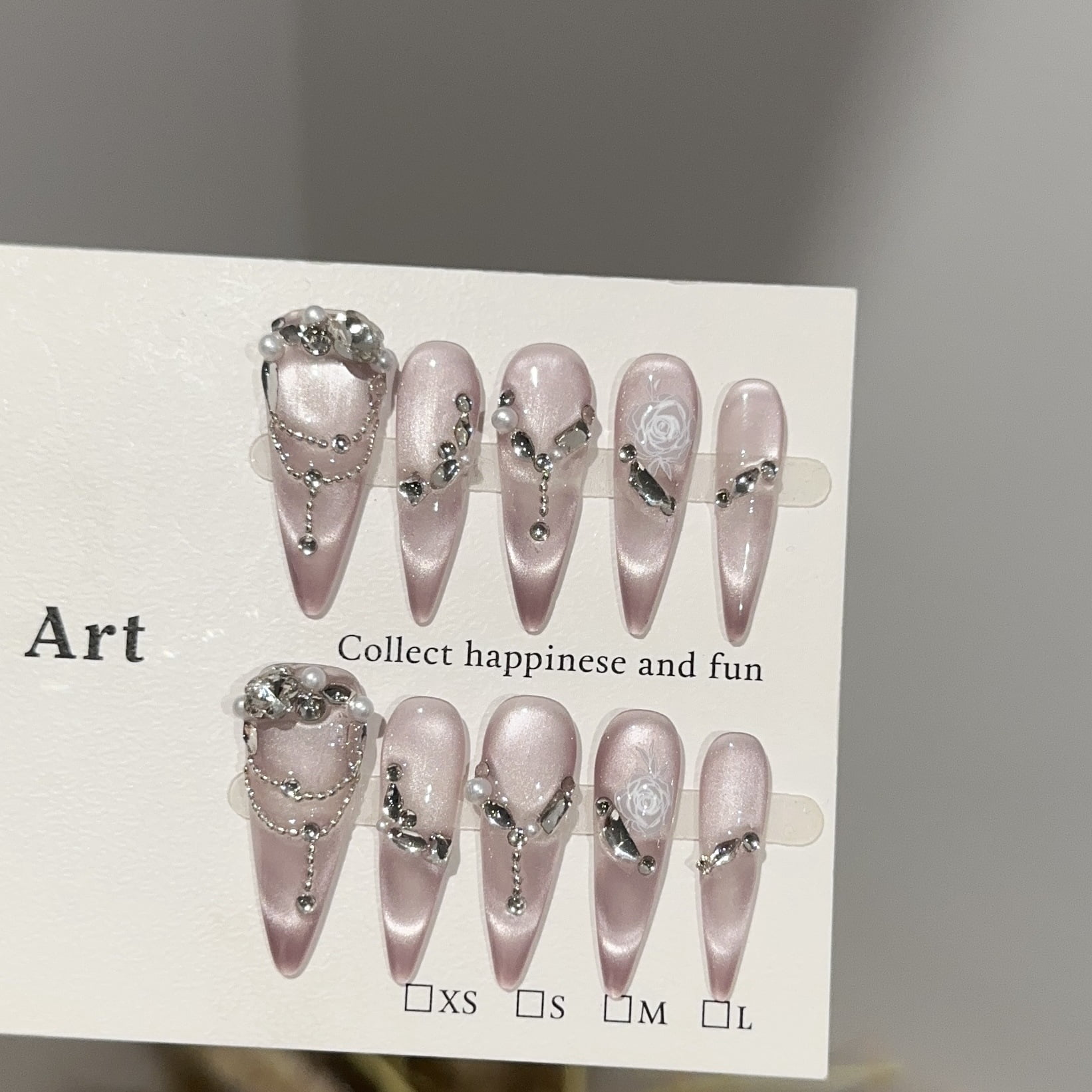 Purely handmade wearing nail high-end purple cat eye high-end nail art piece white light luxury chain drill fake nail patch