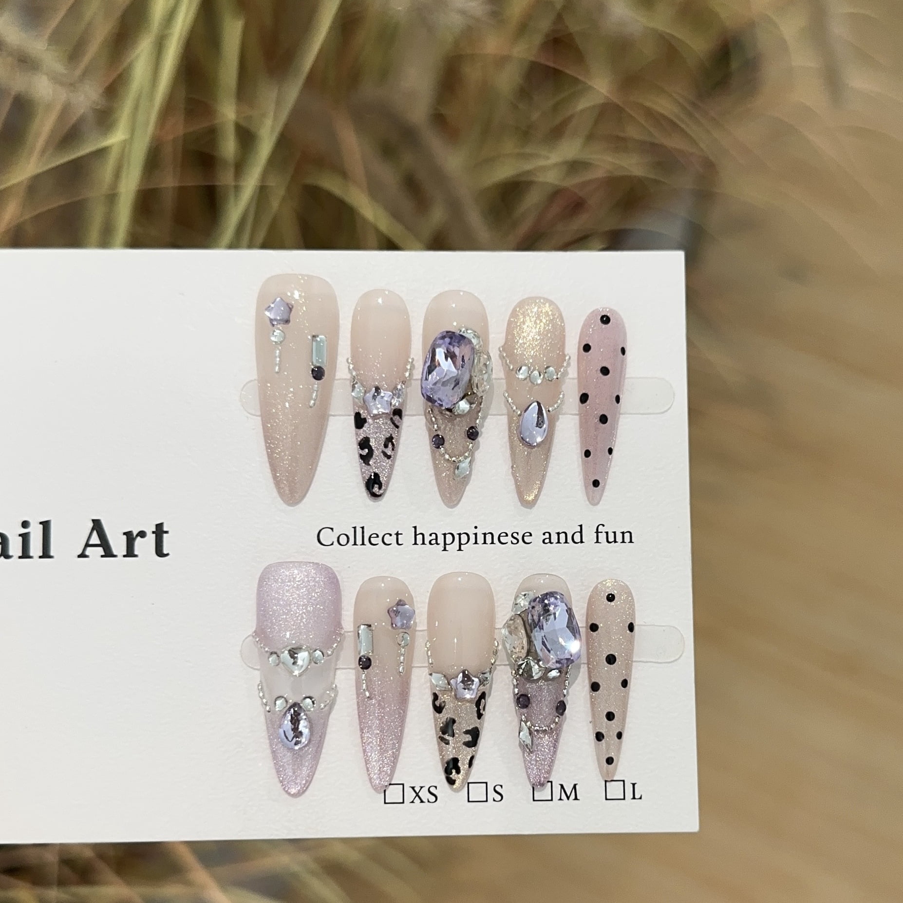 Purely handmade wearing nail high-end purple cat eye long pointed high-end nail art pieces stacked with diamonds and gold fake nail patches