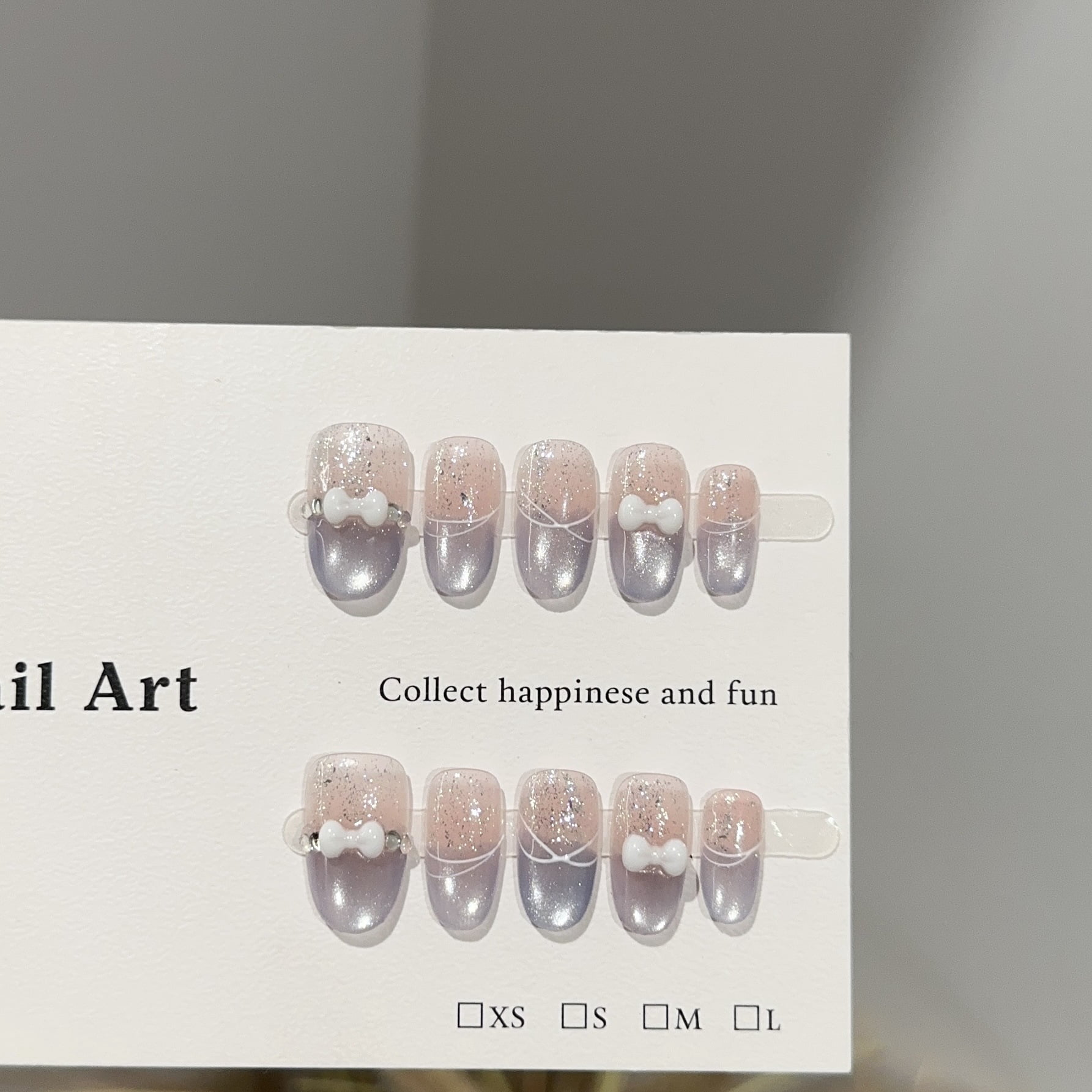 Purely handmade wearing nail high-end purple cat eye short nail art piece light luxury white bow fake nail patch