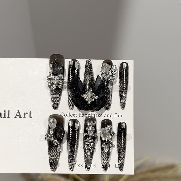 Purely handmade wearing nail high-end sense autumn and winter black lace pattern long nail art piece stack diamond heavy industry fake nail patch