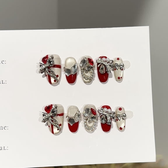 Purely handmade wearing nail high-end sense autumn and winter red short nail art film stack diamond flash New Year fake nail patch