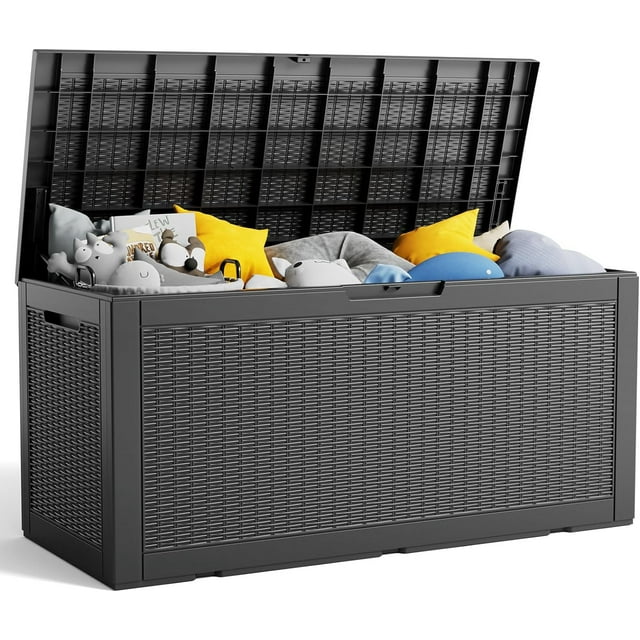 PurelyGoods 100 Gallon Deck Box, Large Resin Outdoor Storage Box Waterproof, Outside Deck Box with Lockable Lid for Patio Furniture, Pool Tools, Outdoor Equipments and Garden Tools