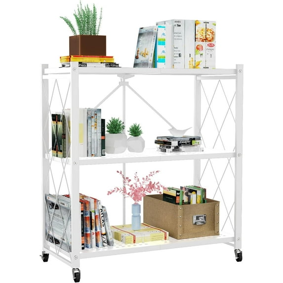 PurelyGoods 3-Tier Foldable Storage Shelf with Wheels - Metal Collapsible Shelving Unit Display, Rolling Cart for Books Kitchen Storage Shelves, Pantry & Closet Organizer, Office Room Decor - White