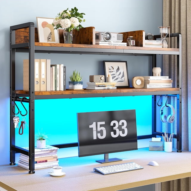 SONGMY 45.2" Desk Shelf,2-Tier Adjustable Multipurpose Solid Wood Desktop Hutch Shelf,Countertop Storage Organizer Rack with 3 Desktop Display Rack for Dorm,Office Home,Rustic Brown