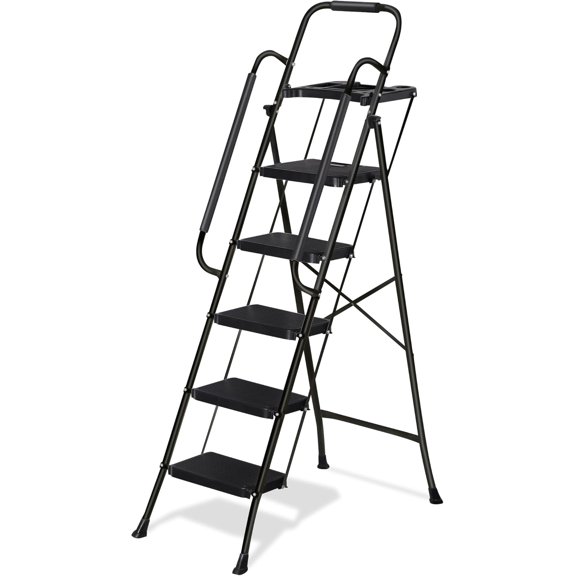 SONGMY 5 Step Ladder with Handrails and Tool Tray, Folding Step Stool with Wide Anti-Slip Pedal, Heavy Duty Steel Step Ladder for Home Kitchen Office Shop, 330 lbs Load Capacity, Black