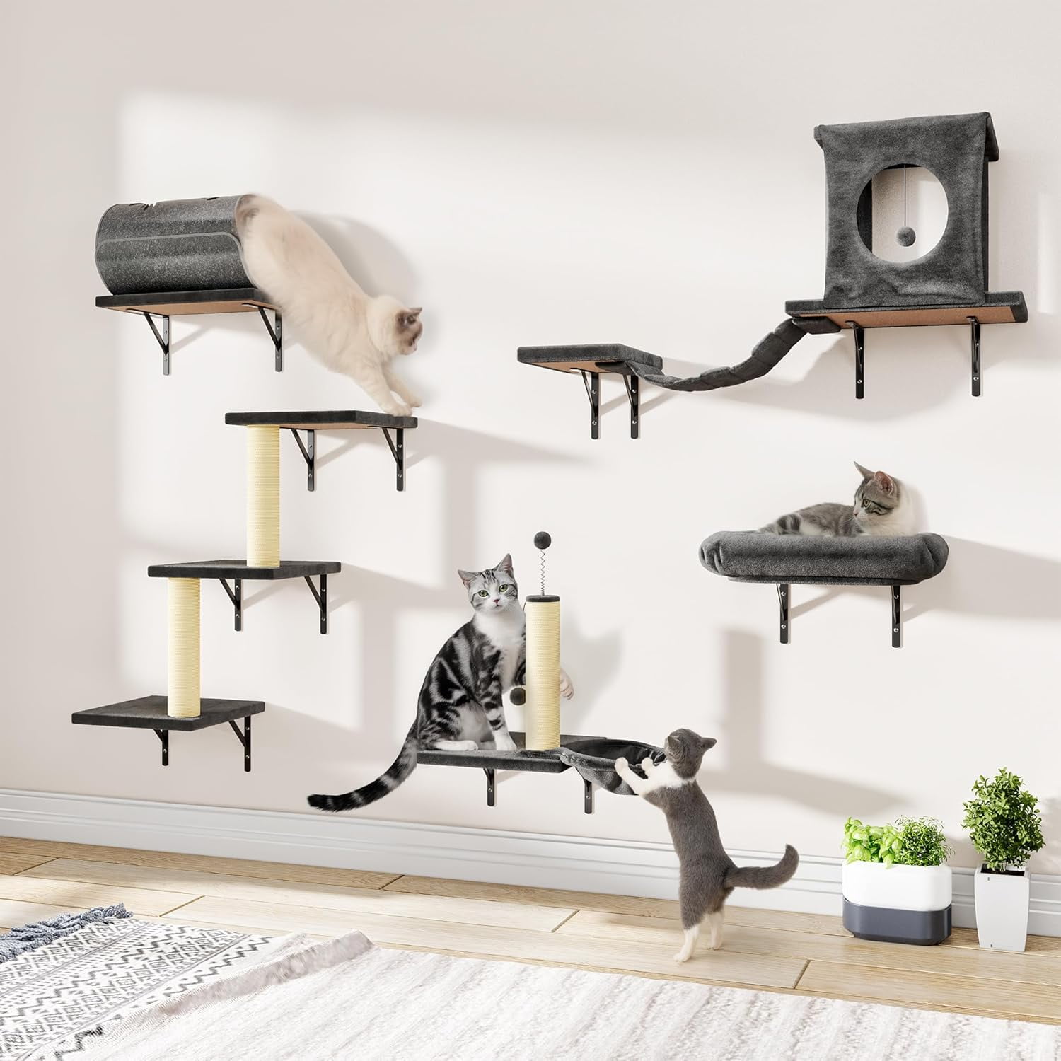 SONGMY 7-in-1 Wall Mounted Cat Climber Set, Cat Furniture Set with House, Bridge, Tree, Steps, Scratcher, DIY Playground, Shelves for Indoor Wall Furniture Set - Dark Gray